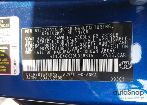 2009 Toyota Camry Le из США, поврежденный, VIN 4T1BE46K29U388845